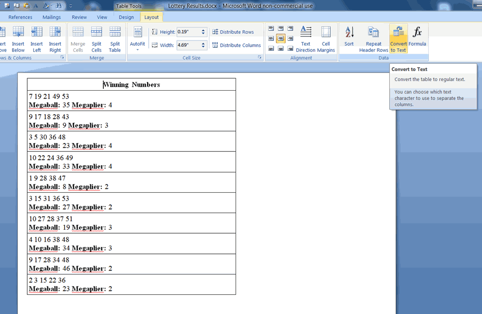 Convert the table of lottery results to a text file of lottery results as pure numbers.