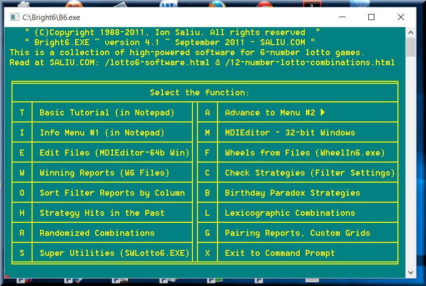 Lotto pairings are generated by Super Utilities, main menu in Bright software.