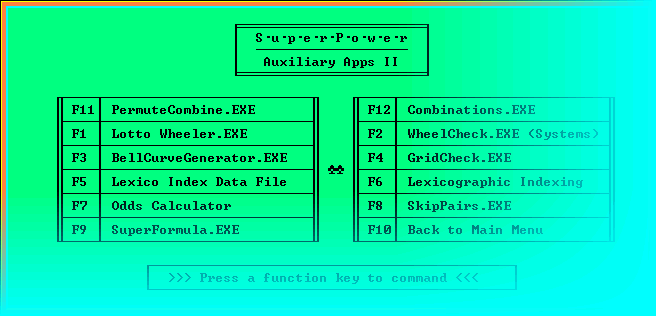 Lottery software additional programs: calculate odds, lotto wheels, lexicographic order generation.