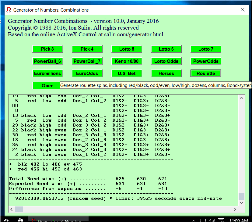 Generate roulette spins, numbers, red, black, low, low, high, odd, even, columns, douzaines, system.